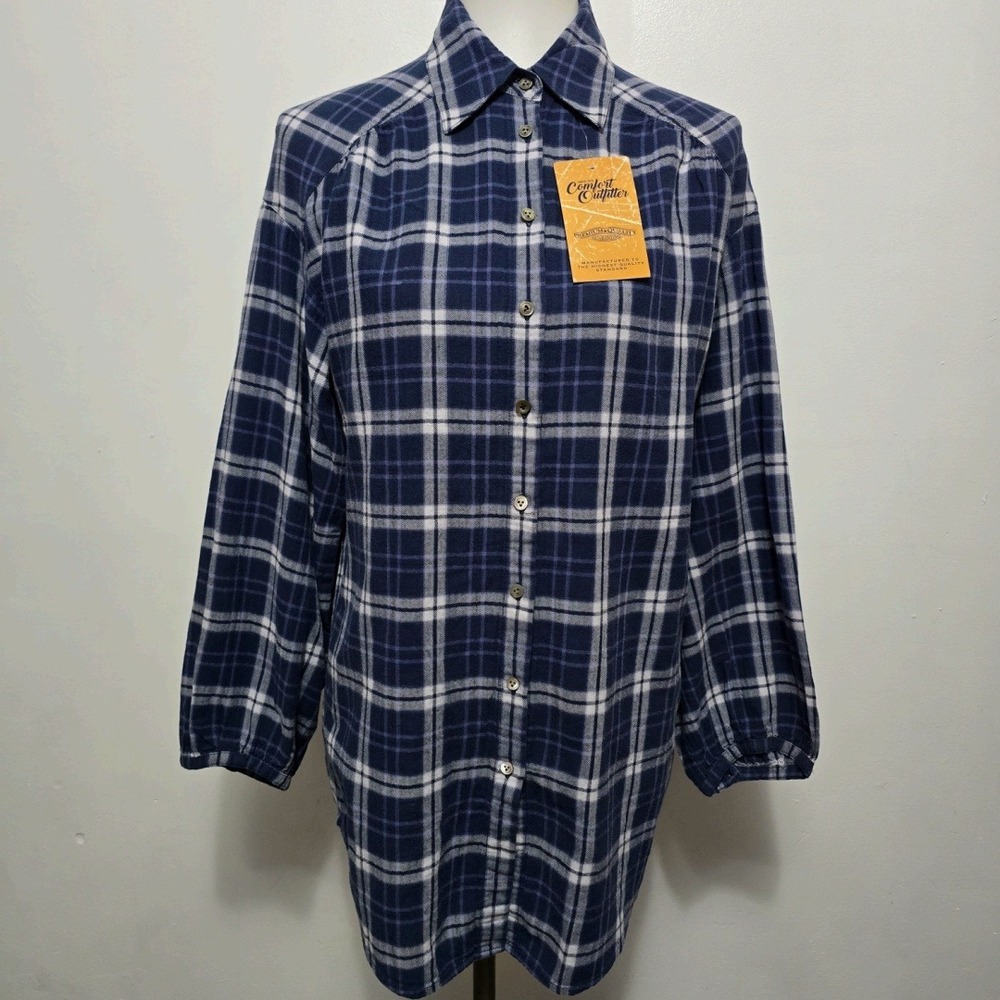 Comfort Outfitter Plaid Flannel Shirt  1X Navy Blue White Long Sleeve Western